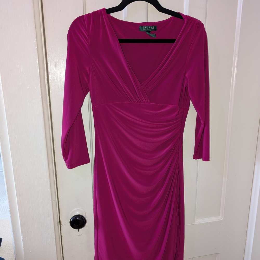 Lauren Ralph Lauren Fuchsia Long Sleeve V-Neck Ruched Dress